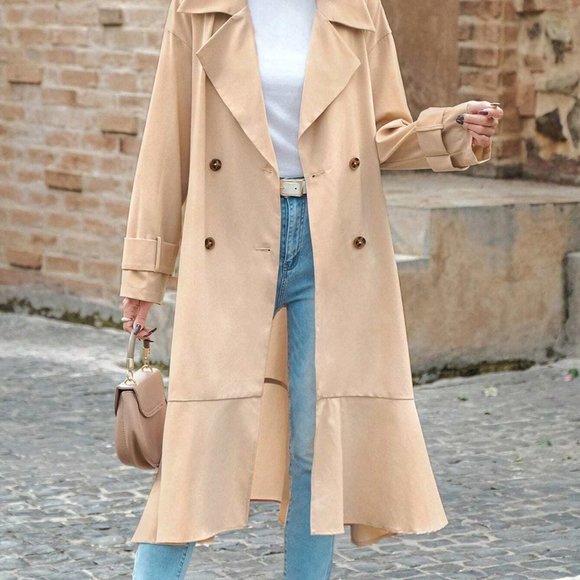 Khaki Preppy Womens Double Breasted Ruffle Hem Belted Trench Coat - Picture 4 of 5